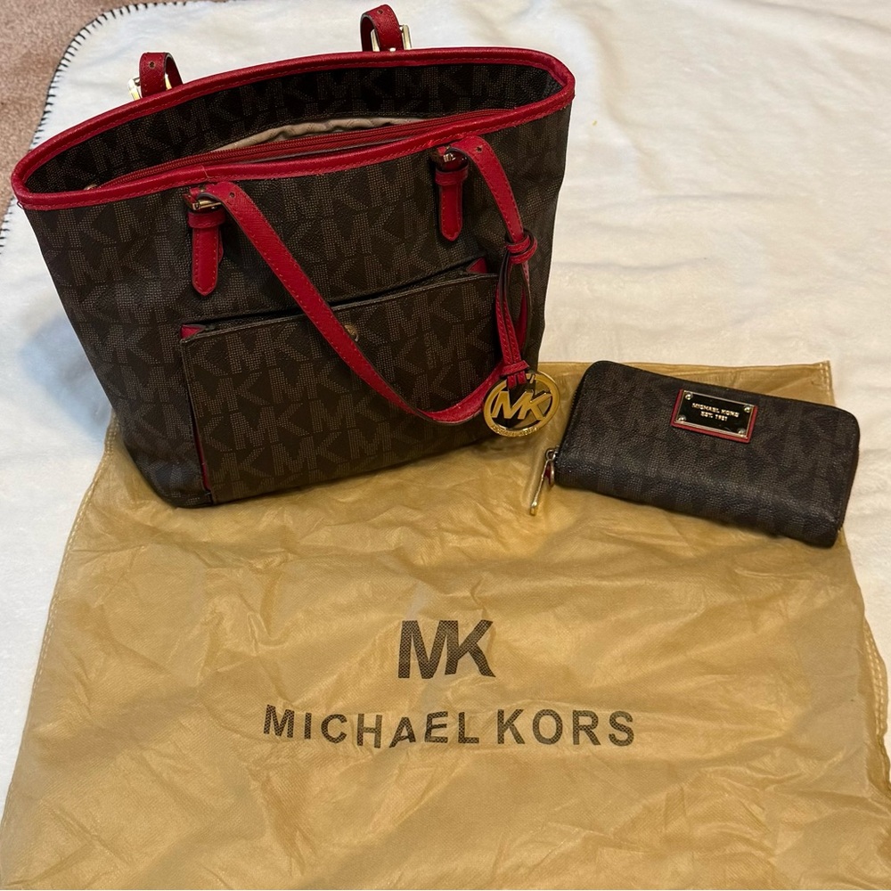 Michael Kors Brown and Red purse + wallet set